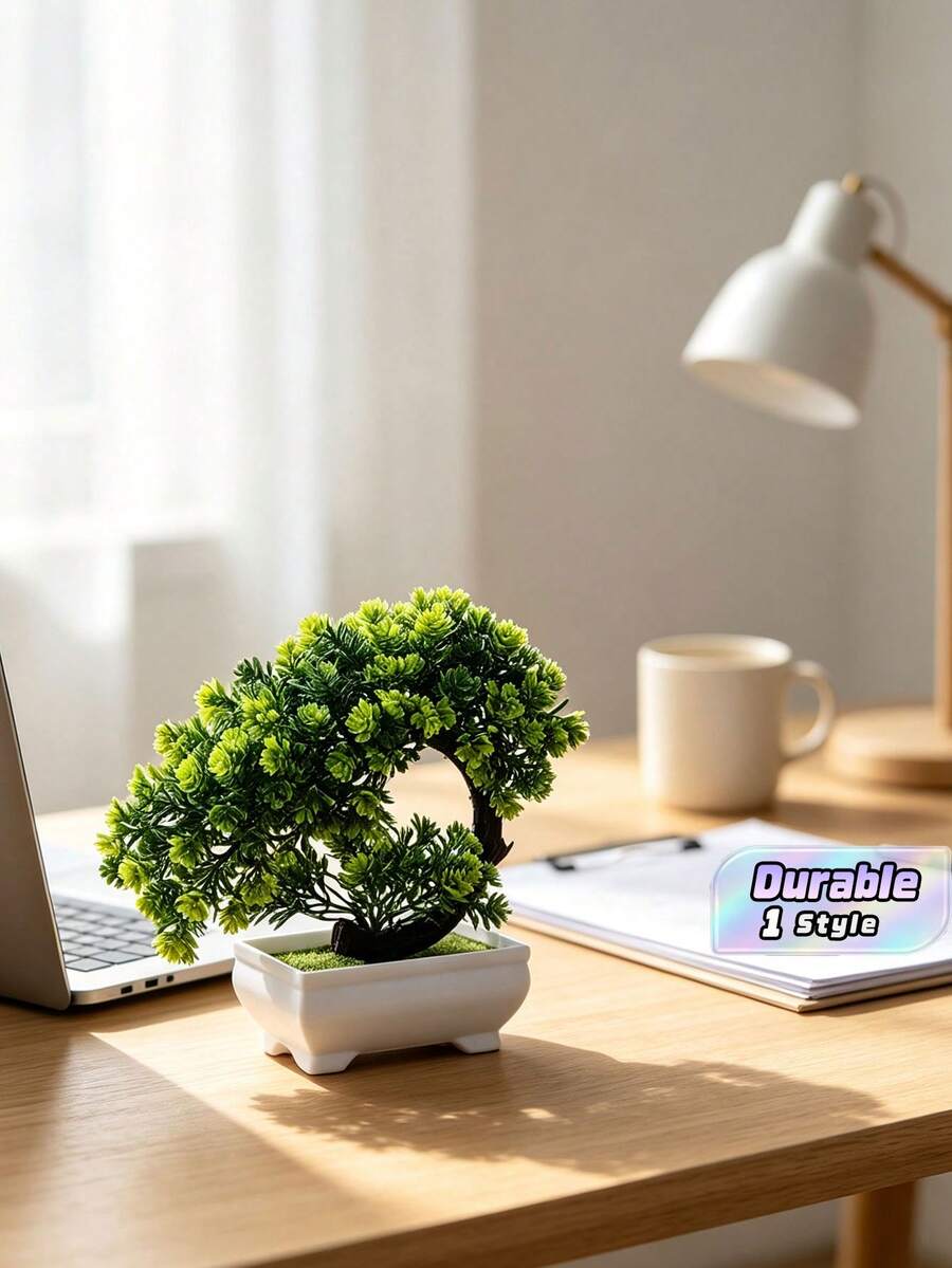 1PC Green Artificial Podocarpus Bonsai With White Flower Pot, Mini Tabletop Plant Ornament In Welcome Pine Shape, Ideal For Home Decor, Living Room Tea Table, Entryway, Study Bookshelf, Office Desk, Bathroom Shelf And Window Sill Decoration - Green - View 1