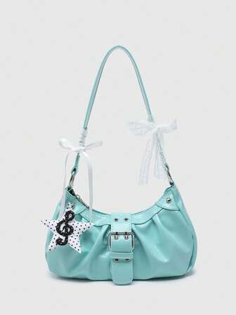 Kawaii Bolso de hombro verde, decorado con lazo, cinta (perlas, encaje, lunares, estrellas, notas) elementos, bolso baguette, adecuado para fiestas y viajes diarios