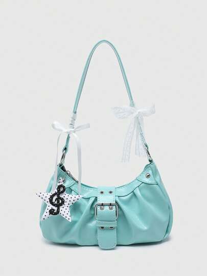 Kawaii Grüne Schultertasche, dekoriert mit Schleife, Band (Perlen, Spitze, Polka Dots, Sterne, Noten) Elementen, Baguette Tasche, geeignet für Partys und tägliche Reisen