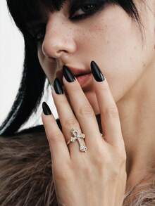 MortiRose Nhẫn cá nhân hóa phong cách Gothic hình chữ thập vàng - Cà phê vàng - Xem 2
