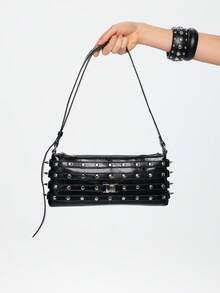 ROMWE Grunge Punk 1 Piece Y2K Punk Style Shoulder Square Bag Rivet Decoration, Zipper Opening And Closing, Spice Girl Street Cool, Suitable For Daily Parties, Shopping, - Black - View 5