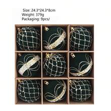 9Pcs 8cm Velvet Shatterproof Ornament Set Gold Bead Floral Pattern Christmas Tree Hanging Decorations For Holiday Party Home Winter Festival Xmas Decor. - multicolor - View 8