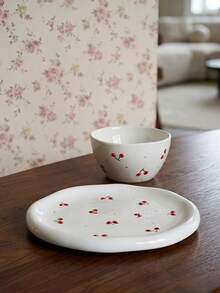 Cirelle 1Pc/3Pcs Ceramic Cup & Saucer Set, High-Temp Glazed Ceramic With Hand-Painted Cherry Prints, Heat & Cold Resistant For Holding Coffee And Tea, Ornamental Table Piece For Household Afternoon Tea And Indoor Counter Display. - Multicolor - View 5