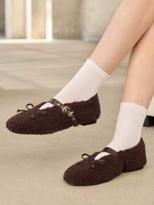 MOTF PREMIUM WOMEN RETRO TEDDY FUZZY BALLET FLATS LEATHER BUCKLE STRAP BOW SOFT WARM OUTDOOR MOCCASIN SHOES - dark brown - View 2