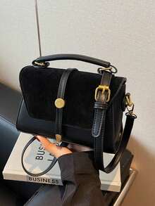 SIENNITY Suede Solid Black,Daily Essentials Storage, Button Closure, Vintage Style, Square Shoulder Bag, Ladies Daily Commute, Hot Selling Fashion Handbag - Black - View 7