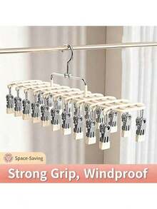 Stainless Steel Multi-Clip Clothing Hanger, 20-Clip Drying Rack For Balcony, Windproof Underwear And Panties Hanger, Rotating Double-Row Underwear Storage Rack For Closet, Multi-Functional Non-Slip Hanger For Bras, Scarves, Belts, Sorting And - View 3