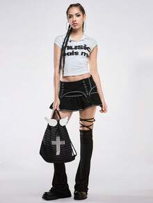 ROMWE Anime Y2K Punk Academy Style Black And Gray Striped Drawstring Backpack With Wings, Rivets, Cross Decoration, Fashionable Casual, Neutral Backpack. - Dark Grey - View 3