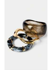 Noxbound Smoke Ink Texture Marble Resin Bracelet Set, 3-Piece Set Of Irregular Gold Metal And Marble Texture Stacked (Resin Shape And Color Are Random) - Gray black - View 1
