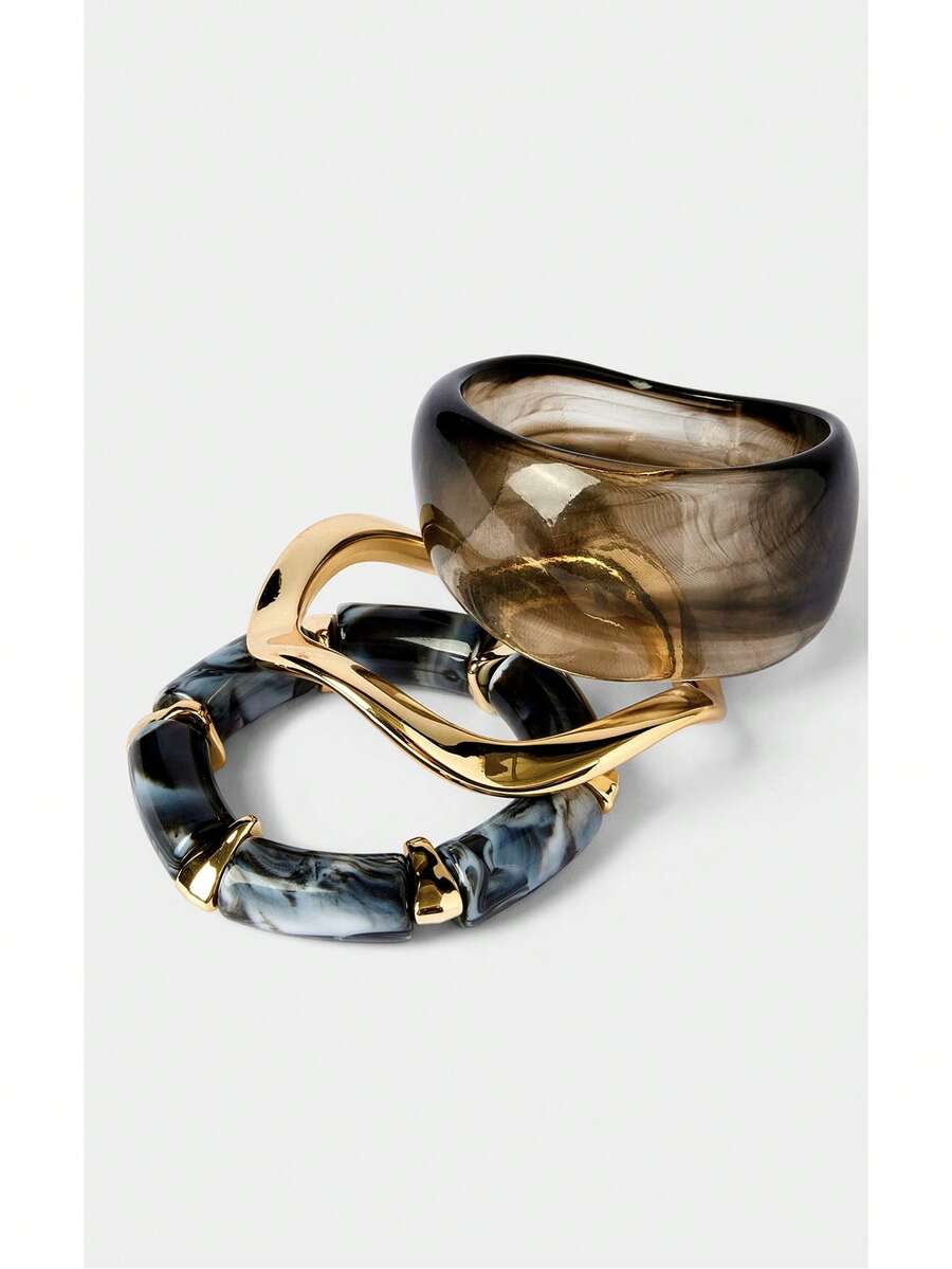 Noxbound Smoke Ink Texture Marble Resin Bracelet Set, 3-Piece Set Of Irregular Gold Metal And Marble Texture Stacked (Resin Shape And Color Are Random) - Gray black - View 1