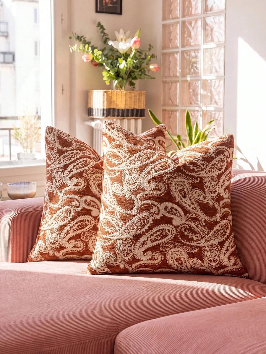 SHEIN One Piece (No Filler) Paisley Pattern Pillow Cover, Caramel Color Fashionable Retro Luxury Jacquard Chenille Cushion Cover, Suitable For Daily Home, Sofa, Bed Bedroom, Decorative Pillowcase, Universal In Spring, Summer, Autumn And Winter - Rust - View 1