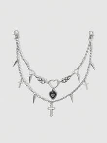 MortiRose 1pc Gothic Double Layer Heart Eye Cross Pendant Pants Chain, Vintage Silver Punk Streetwear Waist Chain - Multicolor - View 2