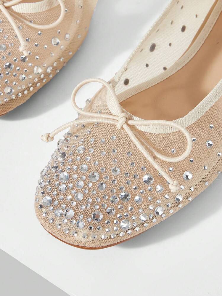 MOTF PREMIUM WOMEN'S NEW FRENCH MESH RHINESTONE BOW FLAT BOTTOM ROUND TOE BALLET SHOES APRICOT VERSATILE SANDALS - Light apricot - View 5