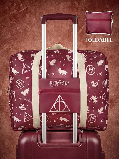 HARRY POTTER X SHEIN Bolsa de viaje grande plegable con estampado, bolsillo frontal con cremallera. Diseño plegable para viajes, gimnasio y almacenamiento de equipaje diario