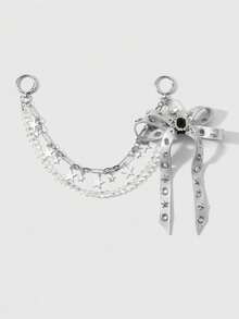 ROMWE Goth 1 Y2k Retro Punk Silver Leather Rivet Bow Star Imitation Crystal Beaded Chain DIY Bag Pendant Keychain, Daily Wear By Girls And Ladies - Silver - View 13