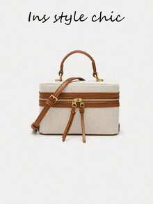 SIENNITY Canvas Spliced Pattern, Beige Brown, Small Cosmetic Storage, Double Zip Closure, Retro Casual Style, Box Case Bag, Vintage Popular Crossbody Handbag - Multicolor - View 1