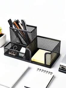 1pc Mesh Desk Organizer Multi Compartment Office Desktop Storage Holder For Pen Note Paper Stationery Home School Office Supplies - Black - View 2