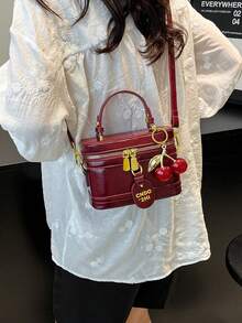 SIENNITY Shiny Oil Leather,Wine Red,Makeup Essentials Storage, Zip Closure, Vintage Cute Style, Cube Handbag, Ladies Evening Outing, Fashion Crossbody Handbag - Burgundy - View 3