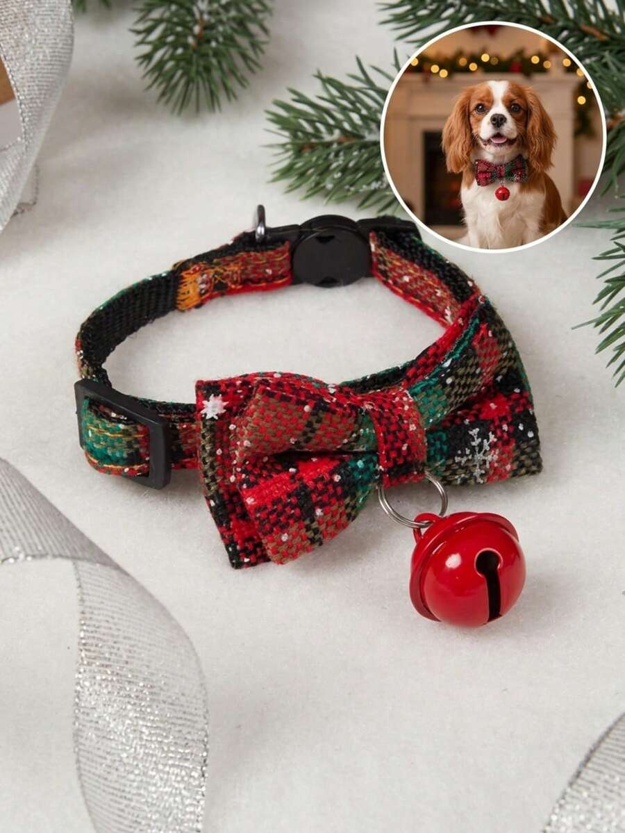 PETSIN Christmas Plaid Ribbon Bells Pet Collar - Red - View 1