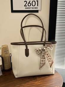SIENNITY Fashionable Plain Color Scarf Decor PU Leather Tote Bag, Retro Minimalist Casual Shoulder Bag, Large Capacity Commuter Handbag Suitable For Women - White - View 9