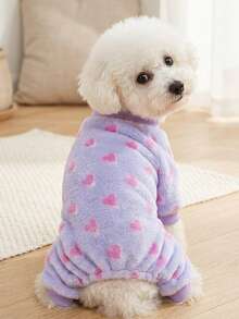 PETSIN 1pc Rose Red Love Printed Pet Jumpsuit Light Purple Autumn And Winter Flannel Warm And Comfortable Pet Warm Clothes - Multicolor - View 3