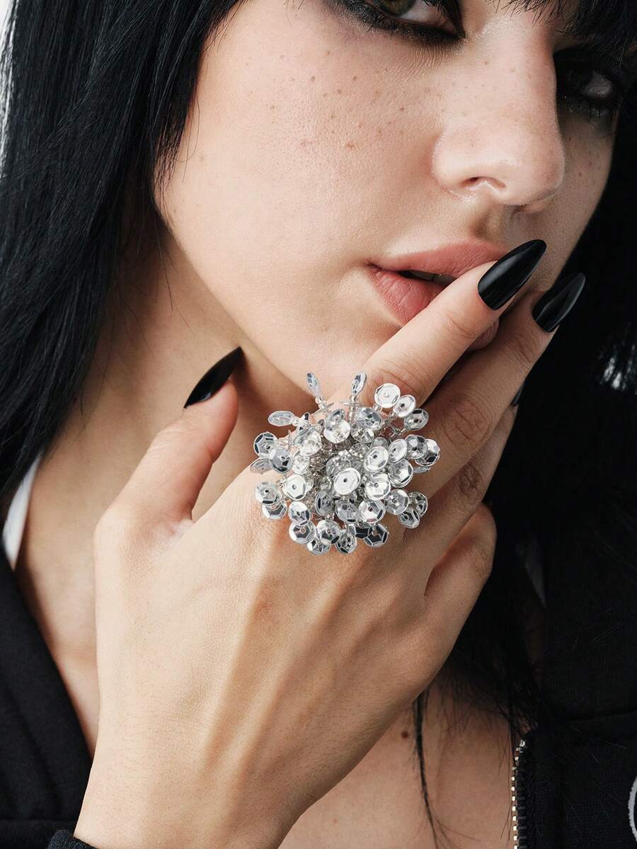 MortiRose Nhẫn hở ngọt ngào hình hoa hồng đính sequin thủ công màu bạc - Bạc - Xem 1