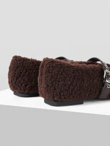 MOTF PREMIUM WOMEN RETRO TEDDY FUZZY BALLET FLATS LEATHER BUCKLE STRAP BOW SOFT WARM OUTDOOR MOCCASIN SHOES - dark brown - View 9