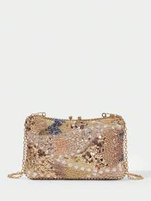 SHECARRY Ladies Elegant Beaded Gold Dinner Bag, Exquisite Simple Box Clutch Bag, For Parties, Festivals, Banquets, Weddings, Dress Matching - Gold - View 6