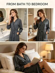 Elegant Solid Gray Ruffle Wrap Bathrobe For Women, V Neck Long Sleeve Belted Kimono Loungewear Robe, Soft Crinkle Fabric Irregular Hem Loose Homewear, Lightweight Casual Sleep Robe Coverup With Chic Ruffled Detail - Multicolor - View 6