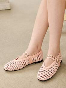 MOTF LADIES FLAT BOTTOM HOLLOW WOVEN HORIZONTAL STRAP BUCKLE MARY JANE SHOES SIMPLE ELEGANCE VACATION DAILY COMMUTER COLLEGE FALL SHOES - Pink White - View 6