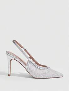 CUCCOO SZL 女士尖頭刺繡華麗優雅晚宴婚禮高跟鞋 - 銀色花網 - 查看 2