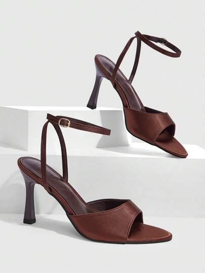 CUCCOO SZL Women's High-Heeled Sandals 9CM Pointed Open-Toed Kitten Heel Solid Color Brown Black High-Heeled Shoes Easy To Wear Cross-Strap B