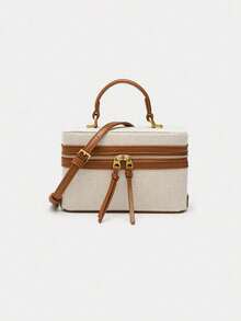 SIENNITY Canvas Spliced Pattern, Beige Brown, Small Cosmetic Storage, Double Zip Closure, Retro Casual Style, Box Case Bag, Vintage Popular Crossbody Handbag - Multicolor - View 4