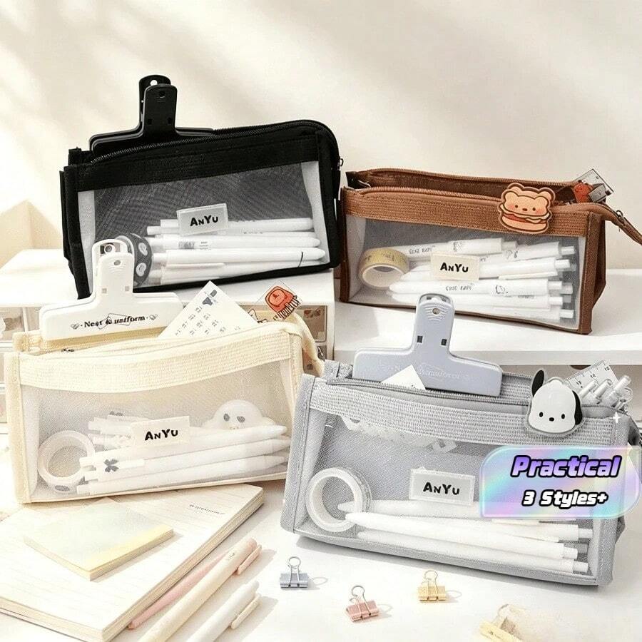 Transparent 5-Layer Mesh Pencil Case, Visible Pocket Storage Bag, School Supplies - Style 1 - View 1