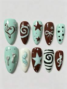 ROMWE Anime 10Pcs Vintage Mint Brown Hand Painted False Nails, Note Stars Bow Spoon Fork Accessories Sweet Cool Almond False Nails - Blue brown - View 1
