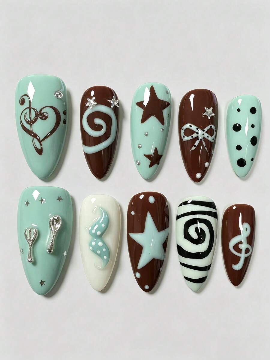 ROMWE Anime 10Pcs Vintage Mint Brown Hand Painted False Nails, Note Stars Bow Spoon Fork Accessories Sweet Cool Almond False Nails - Blue brown - View 1
