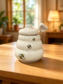 1 Piece Creative Bee Design Spice Jar, Beautiful Kitchen Spice Storage Jar, European Style Wedding Gift, Tight Seal Ceramic Spice Jar With Cartoon Design, - White - View 4