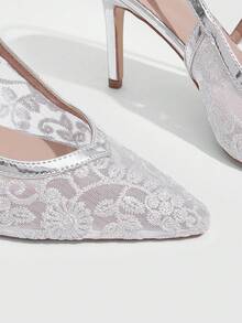 CUCCOO SZL 女士尖頭刺繡華麗優雅晚宴婚禮高跟鞋 - 銀色花網 - 查看 5
