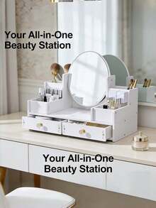 1PC Oval Mirror Vanity Cosmetic Storage Box With Double Drawers, Makeup Organizer, Must-Have Dressing Table Accessory - Double-draw Oval - View 8
