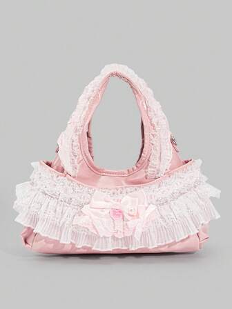Kawaii حقيبة يد بأسلوب باليه حلوة مزينة بحافة دانتيل مكشكشة، حقيبة كروس بودي بأسلوب بريبي للعودة إلى المدرسة والعطلات ومناسبات الزفاف، 1 قطعة