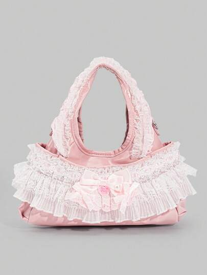 Kawaii 1 pieza Bolso de mano estilo ballet dulce con ribete de encaje con volantes, bolso bandolera estilo preppy para vuelta al cole, vacaciones & ocasiones de boda