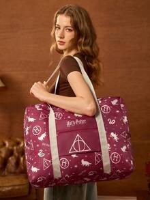 HARRY POTTER X SHEIN Print Foldable Large Travel Tote Bag, Front Zip Pocket. Foldable Design For Trips, Gym And Daily Luggage Storage - reddish brown - View 2