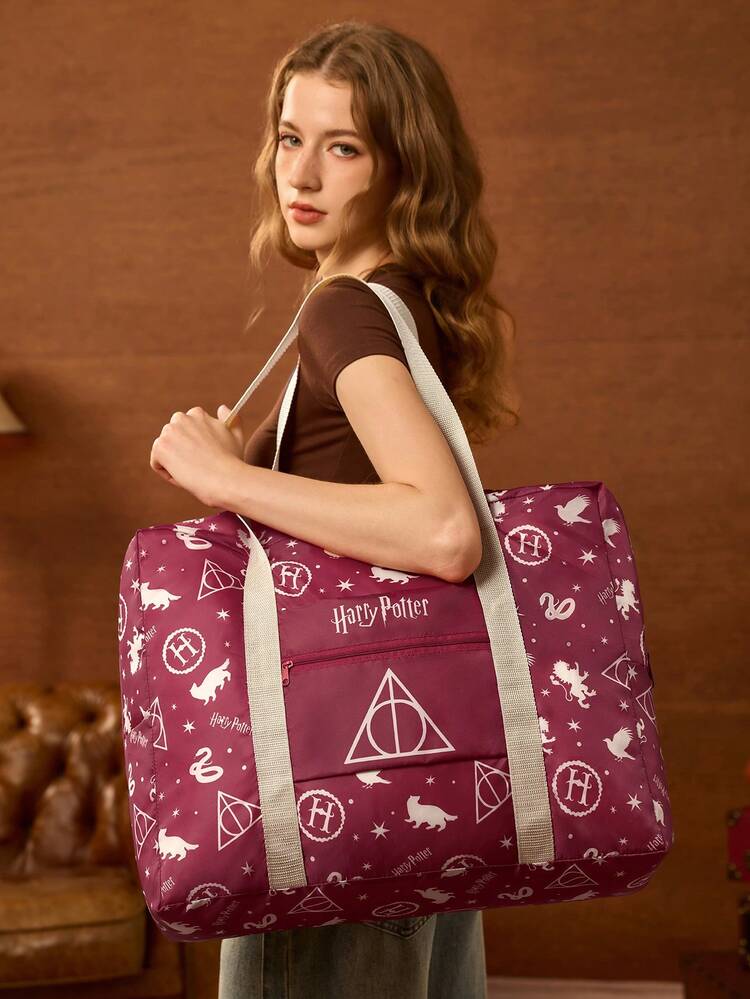 HARRY POTTER X SHEIN Print Foldable Large Travel Tote Bag, Front Zip Pocket. Foldable Design For Trips, Gym And Daily Luggage Storage - reddish brown - View 2