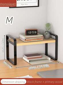 SHEIN 1pc Wood & Metal Multi-Tier Desktop Organizer Rack, Bookshelf For Students, Office Computer Display Shelf - Black - View 12