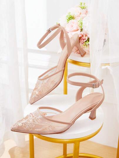 CUCCOO HITCHD Women Shoes Breathable Lace Mesh Pointed Back Empty Buckle Medium Heel Retro Lace Embroidery Nude Wedding Shoes Bridesmaid Shoes Shoes