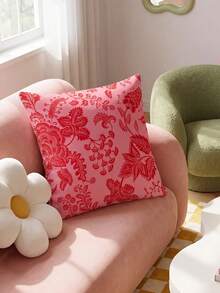 SHEIN 1 Piece, Retro Red Pink Tone European Floral Double-Sided Printed Pillow Cover, Living Room Balcony, Courtyard Bench, Homestay Decoration By Pillowcase - Multicolor - View 3