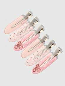 ROMWE Kawaii 6pcs Gentle Sweet Style Pink Floral Rhinestone Bow Hair Clips, Versatile Hair Accessories For Daily Commute, Dating, Photography - Multicolor 23 - View 1