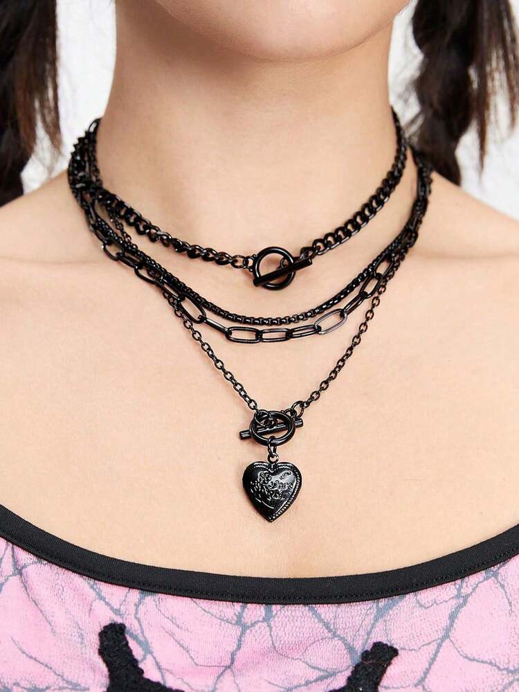 ROMWE Kawaii 4pcs Gothpunk Love Pendant Necklace, Unique Black Accessories, OT Buckle Collarbone Chain, Personalized Jewelry, Daily Party Wear, Ideal Gift. - Black - Love Pendant - View 6