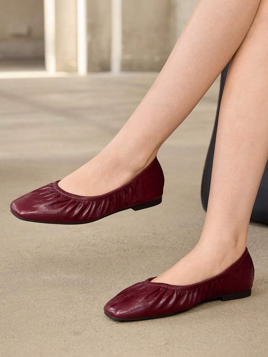 MOTF VINTAGE BROWN RUCHED SQUARE TOE FLAT SHOES WOMEN SOFT LEATHER SLIP ON BALLET FLATS CASUAL DAILY WEAR COMFORT WALKING LOAFERS - Burgundy - View 2