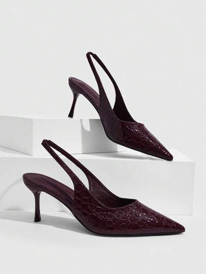 CUCCOO SZL Ladies Glossy Black Alligator Embossed Back Empty High Heels, Elastic Back Strap V-Shaped Open Pointed Thin Heel Dinner Shoes