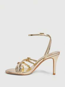 CUCCOO SZL Multi-Layer Crossed Rhinestone Back Strap Stiletto Sandals Women's Open-Toed Banquet Dress High Heels Women's Shoes - Light gold - View 5